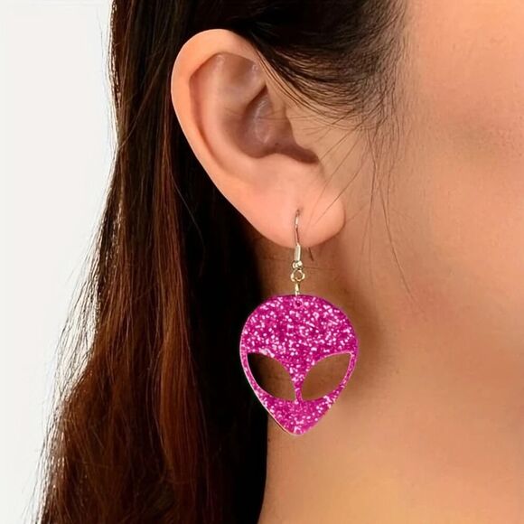 Pink Sparkly Alien‎ Acrylic Earrings - Picture 2 of 7